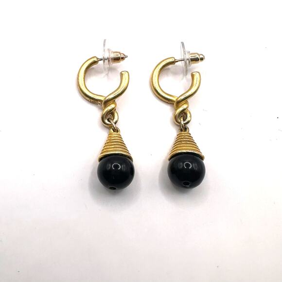 Gold Black Ball Retro Vintage Inspired Pierced Earring Dangle Drop Minimalist - Picture 8 of 8